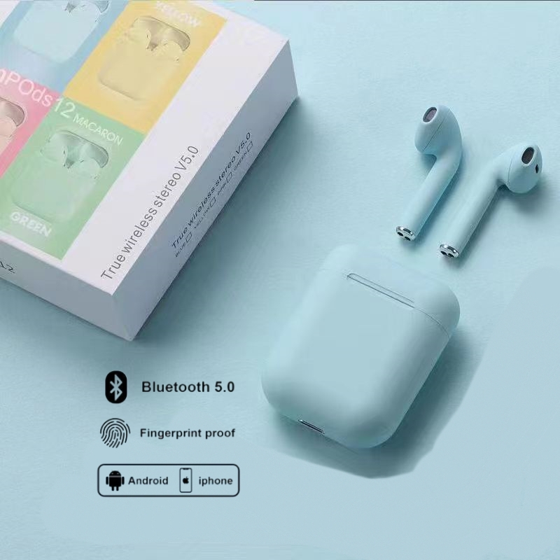 HEADSET BLUETOOTH INPODS WIRELESS i12 MACARON EARPHONE TWS BLUETOOTH 5.0 WARNA MACARON-Biru Muda