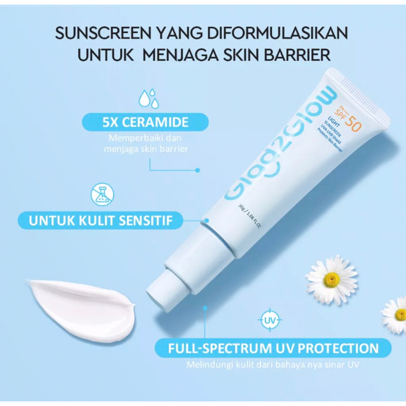 Glad2Glow Light Sunscreen Gel UV SPF50 PA+++ 30g | Oil-Control Facial Sunscreen Sunblock UVA UVB Sun Protection Face Sunscreen 5X Ceramide Serum Skin Barrier Protect