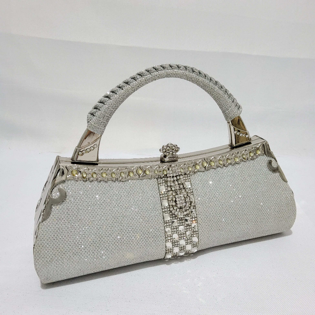 Tas Pesta Farnell Wanita 2646 Clutch Kondangan Kilap Glitter Batu Permata Mewah