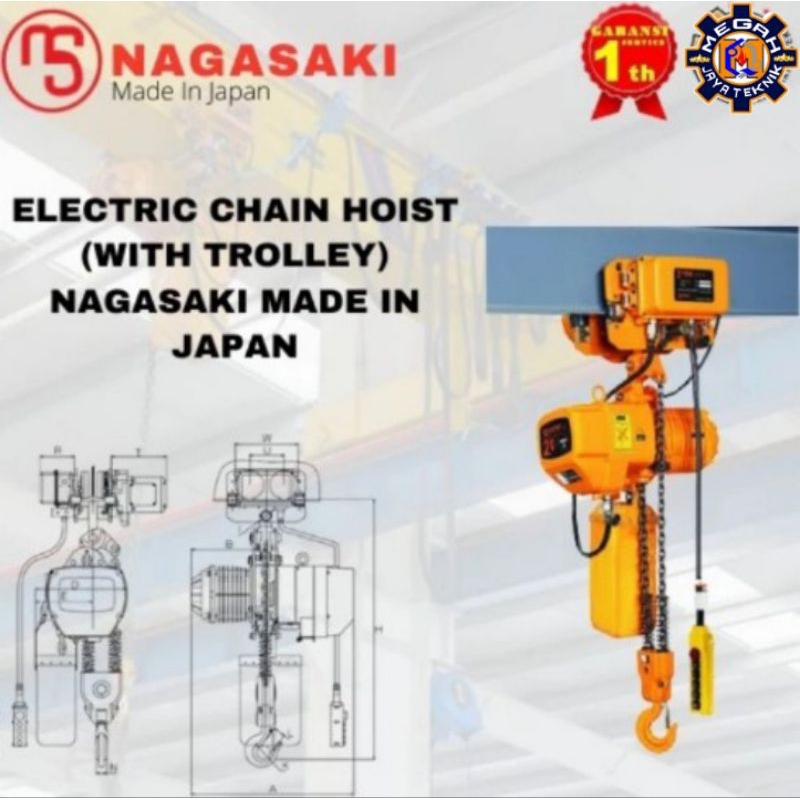 ELECTRIC CHAIN HOIST 3 TON 6 MTR PLUS TROLLY NAGASAKI JAPAN