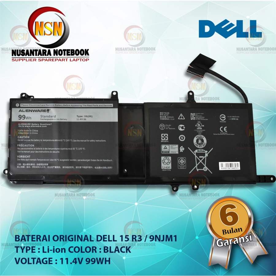 Baterai Laptop ORI Dell Alienware 15 R3 17 9NJM1 11.4V 99Wh