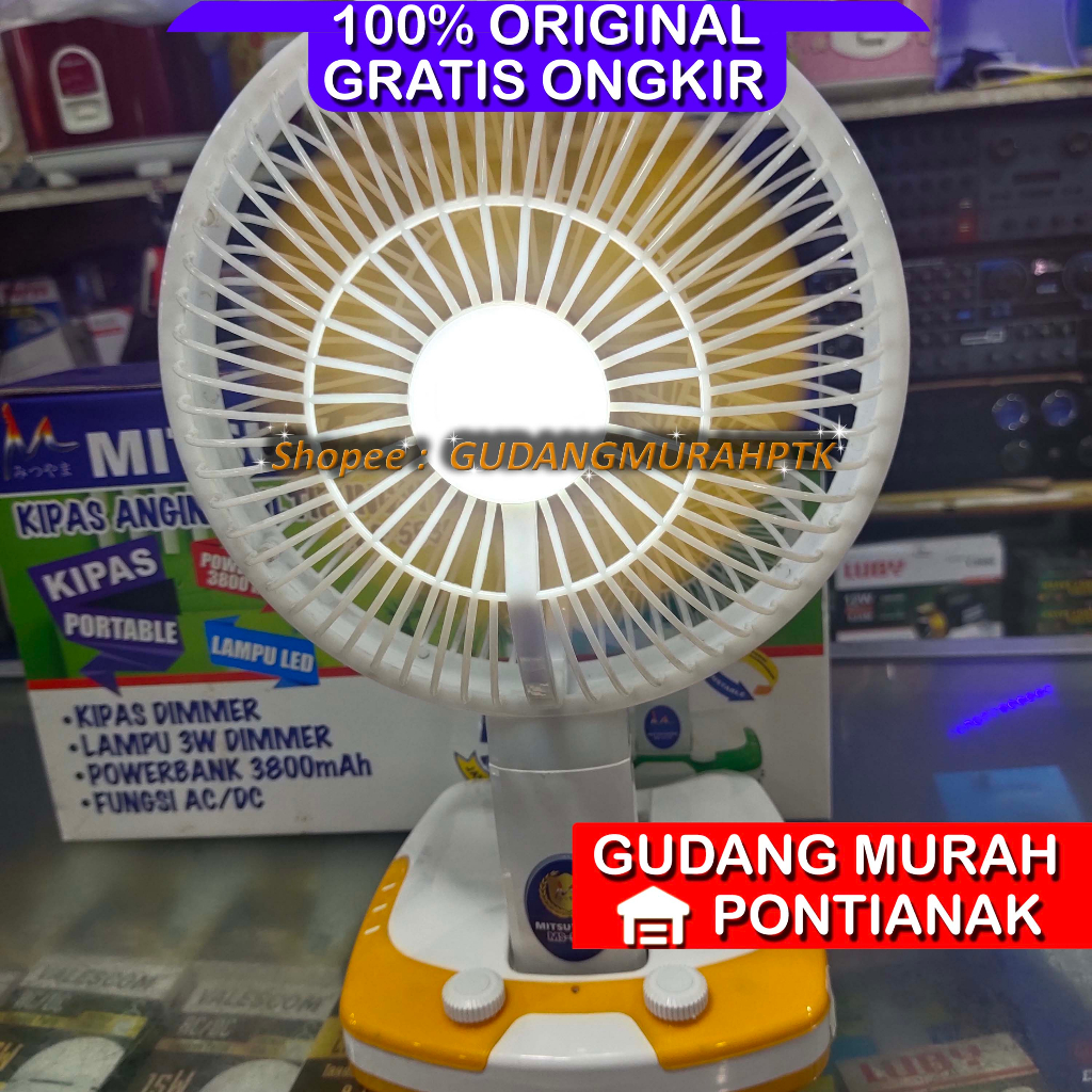 Kipas Angin Meja dan Dinding Lampu Portable Besar USB 8 Inch Mitsuyama MS-5539 Kipas Charge Desk fan + Emergency Lamp