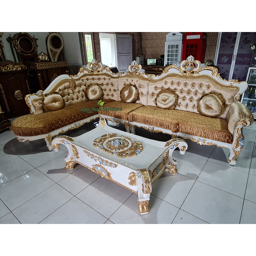 Kursi Tamu Sofa Sudut Ukiran Mewah / Sofa Pojok Leter L Jati Ukiran