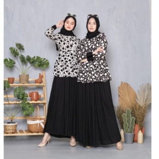 Ounadoutfit dress gothic polkadot busui wanita kekinian hitam putih / homedress rayon motif / outfit muslim motif / dress monocrom / baju polkadot wanita