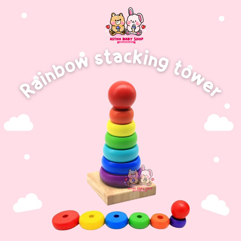 Mainan Edukasi Rainbow Stacking Tower Wooden Menara Kayu Menara Susun Warna Warni