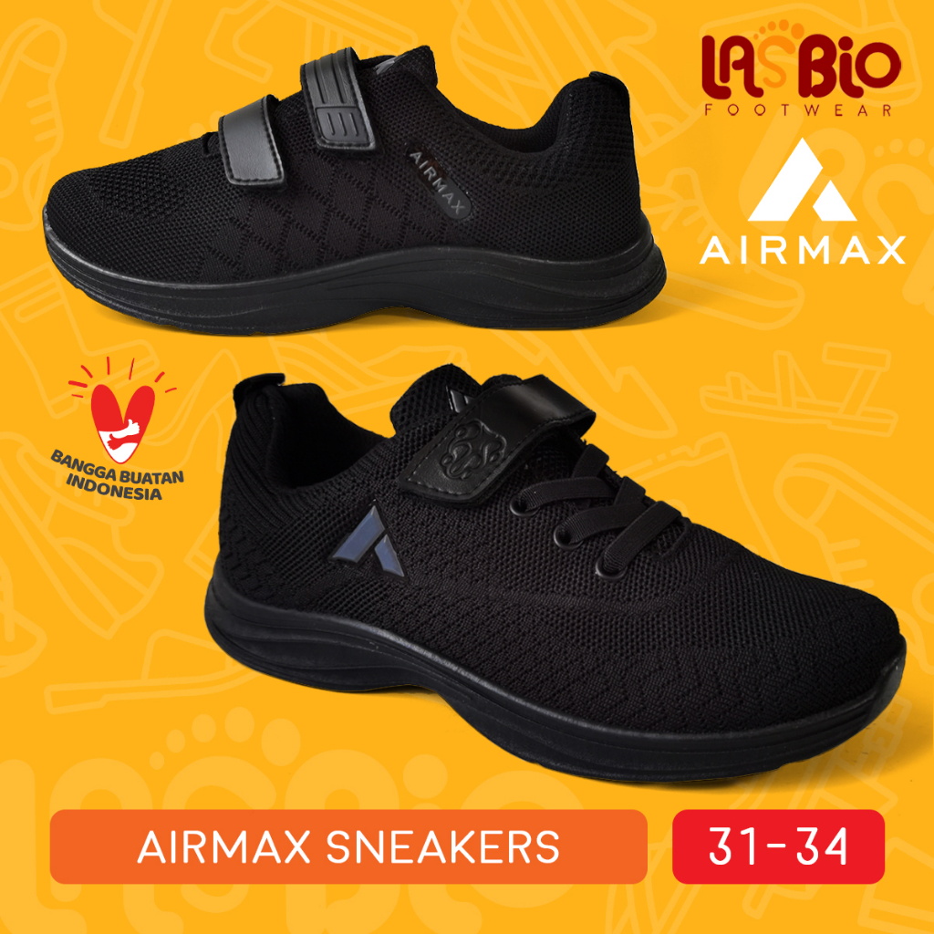 Sepatu Anak Sekolah Kasual Airmax Hitam Polos Size Kecil 31-34