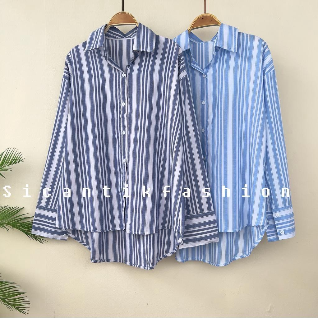 Kemeja Oversize Wanita Lengan Panjang Motif salur