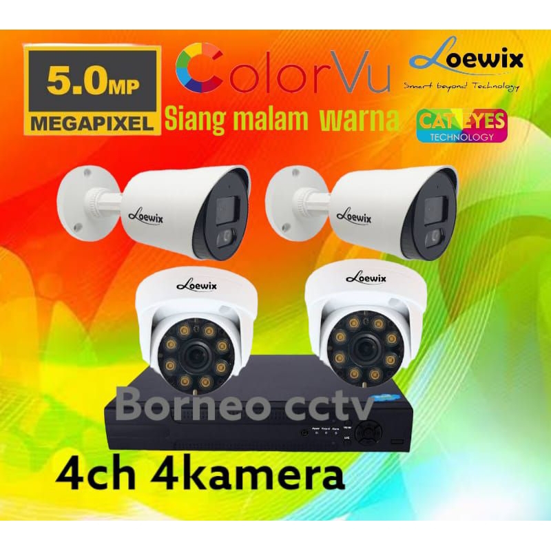 PAKET CCTV 5MP COLORVU 4 CHANNEL 4 KAMERA FULL COLOR LOEWIX SIANG MALAM WARNA