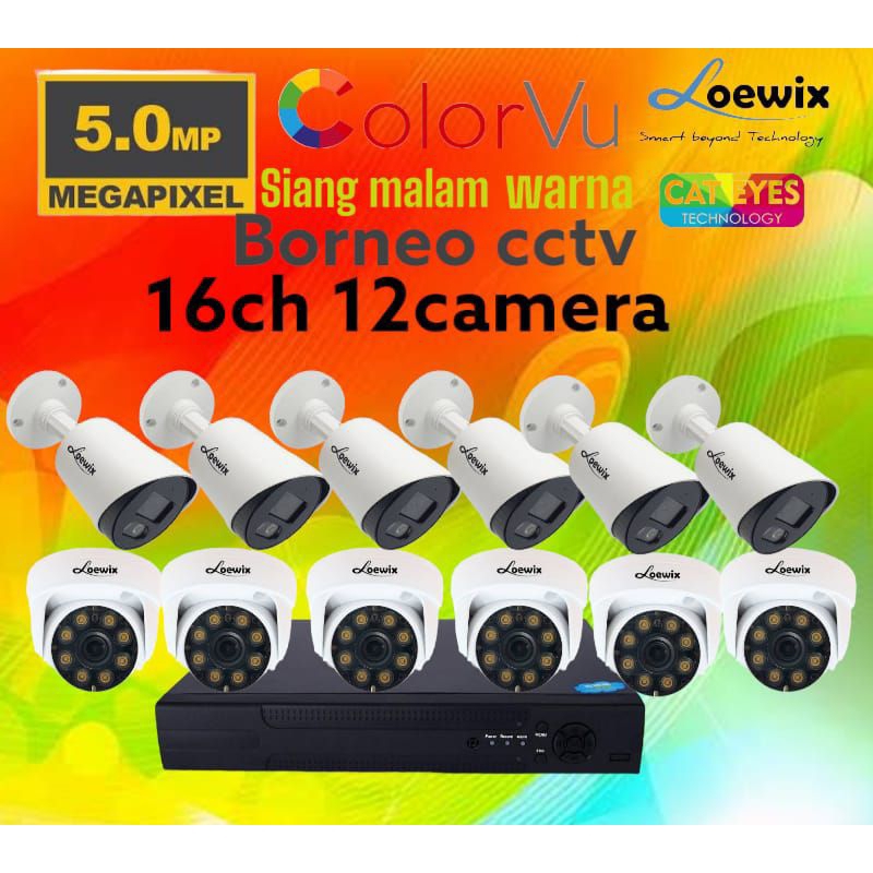 PAKET CCTV COLORVU 5MP 16 CHANNEL 12 KAMERA LOEWIX FULL COLOR SIANG MALAM