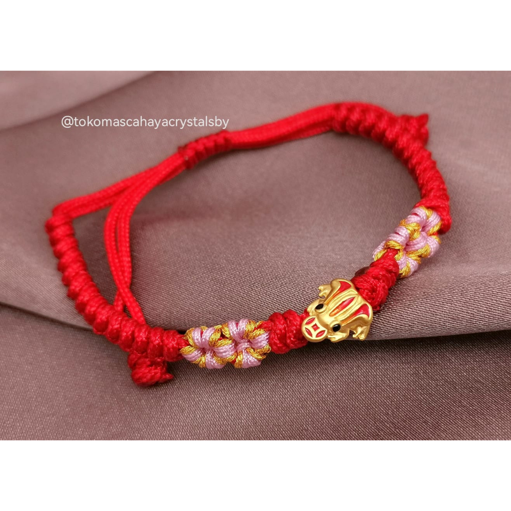 Gelang Charm Kodok Rejeki cat Merah / Biru Emas kadar 24k HK Hongkong 999% 999 &amp; Gelang Serut