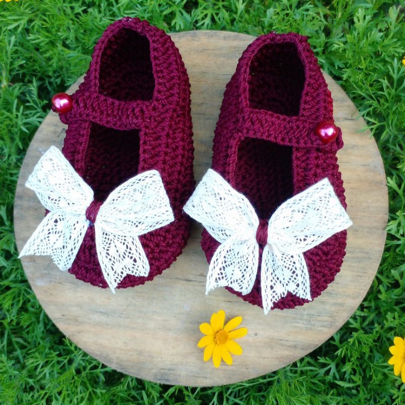 sepatu bayi cewek rajut hias pita renda cantik lucu murah