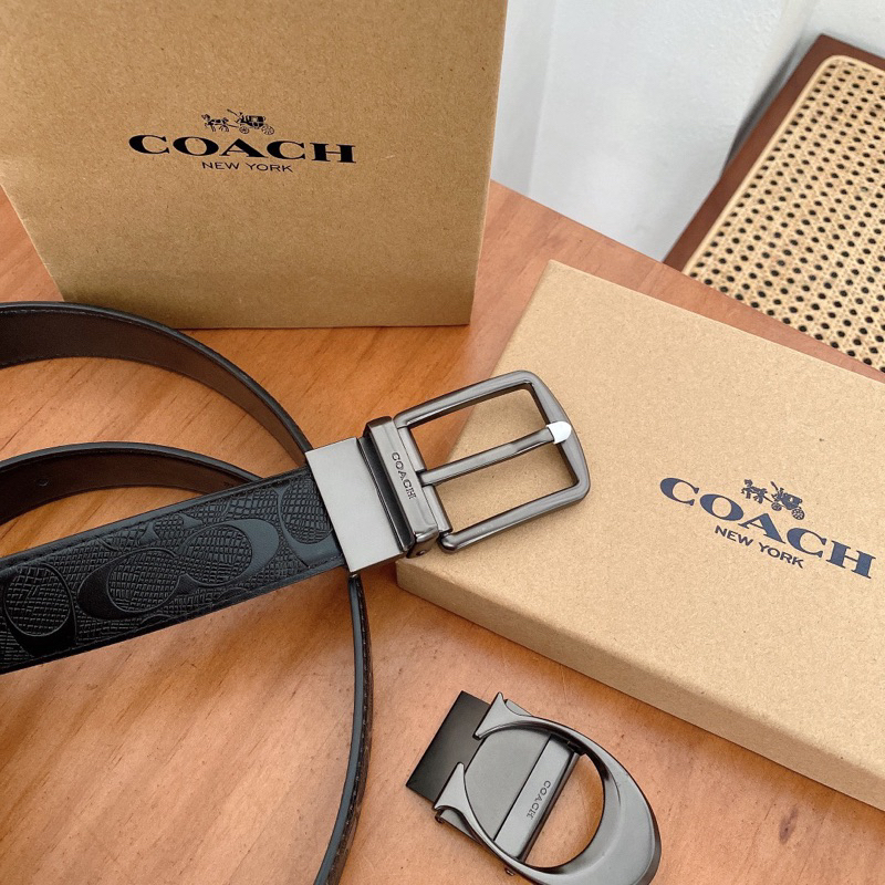 [BISA COD✅] COACH BELT LEATHER EMBOSSED BLACK DOUBLE GESPER / SABUK COACH