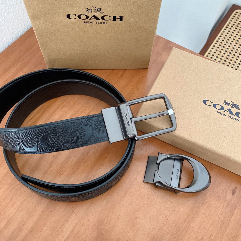 [BISA COD✅] COACH BELT LEATHER EMBOSSED BLACK DOUBLE GESPER / SABUK COACH