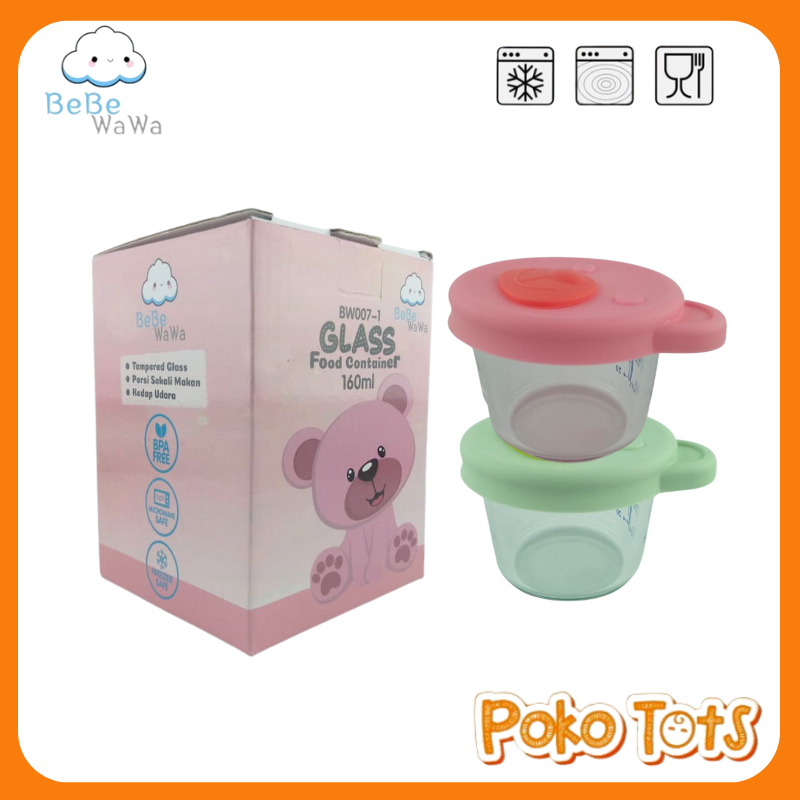 Bebe Wawa Glass Food Container 160ml Isi 2pcs BW007-1 Tempat Makanan Bayi