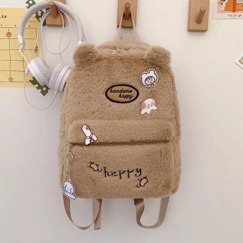 Tas Ransel Wanita Bulu Beruang Happy Bear Tas Perempuan Korean Lucu