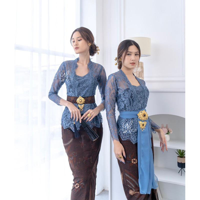 Kebaya Bali Modern Spesial Dusty Denim Blue Glossy