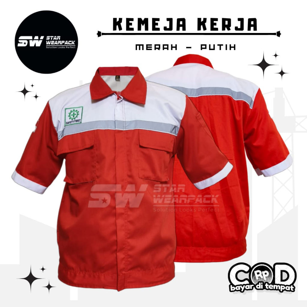 Star Wearpack - Seragam Kerja Proyek Lengan Pendek Warna Merah Kombinasi Putih