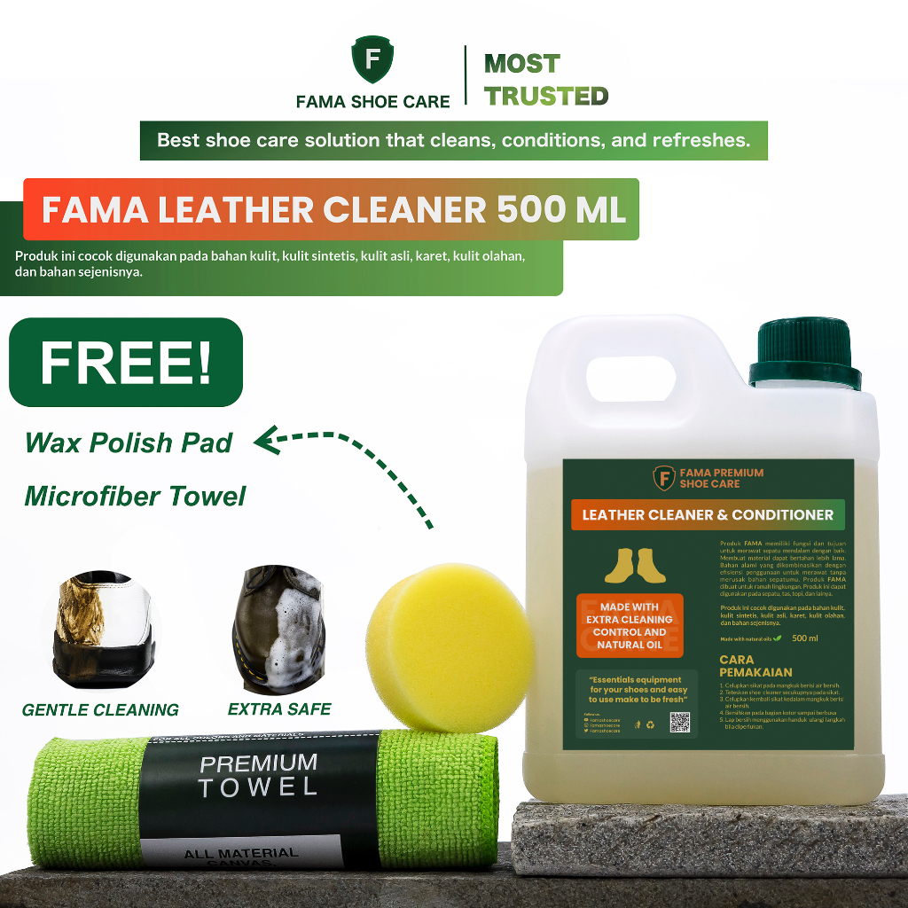 Fama Shoe Care - Leather Cleaner 500Ml - Bonus Lap+Spon - Sabun Sepatu Kulit - Fama Shoe Cleaner - Shoes Cleaner