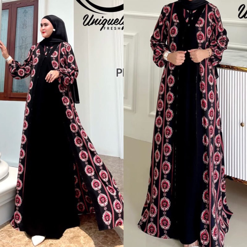 gamis dress abaya setelan set inner outer Muzdalifah printing digital batik abstrak hitam premium ca