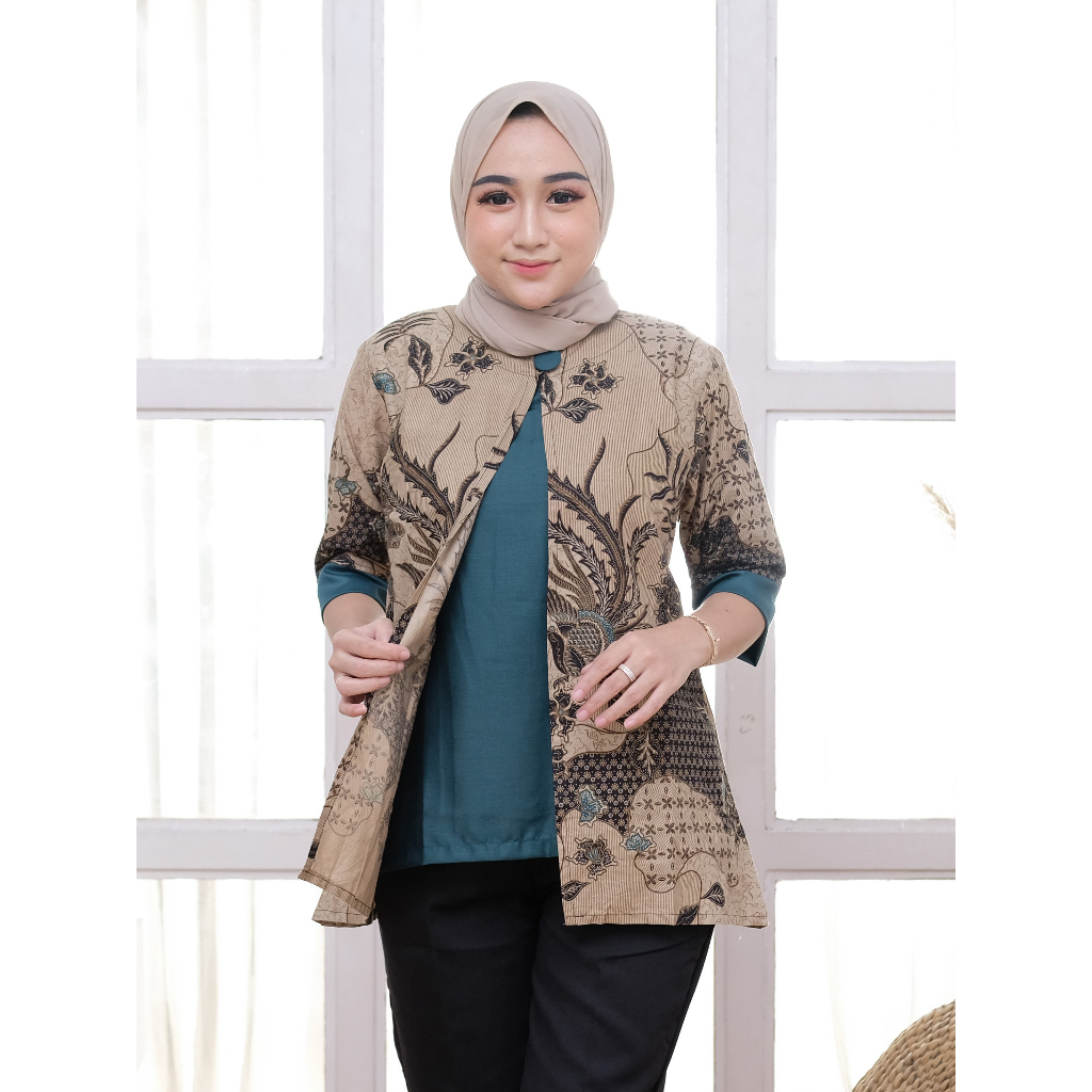 Batik Blouse Wanita Modern Vintage Kerja Kantoran Kombinasi Polos Lengan 3/4 Katun Halus HKMCO