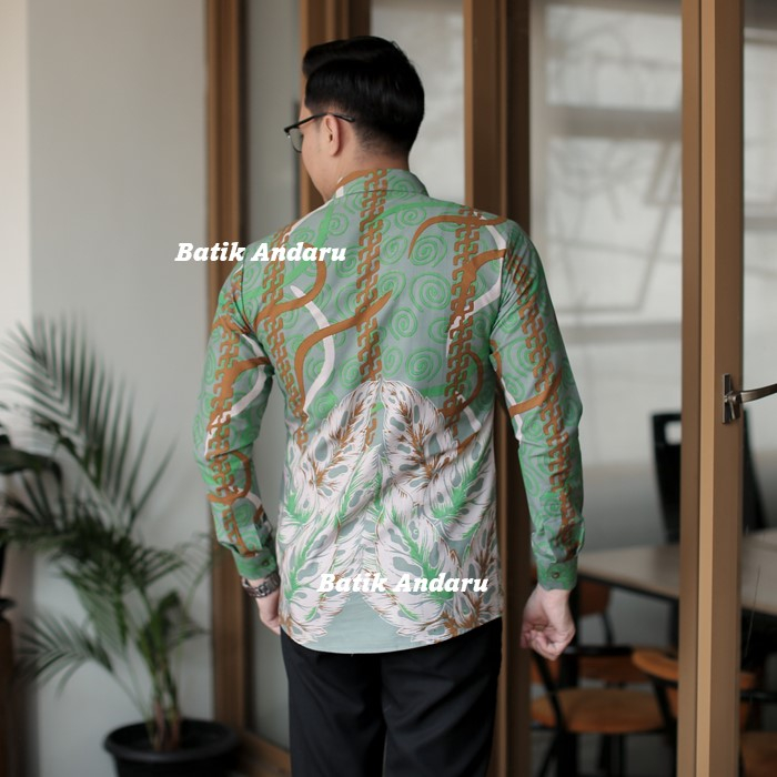 Baju  Kemeja Batik Pria Cowok Laki Slimfit Lengan Panjang Modern Heem Premium Warna Hijau Tosca