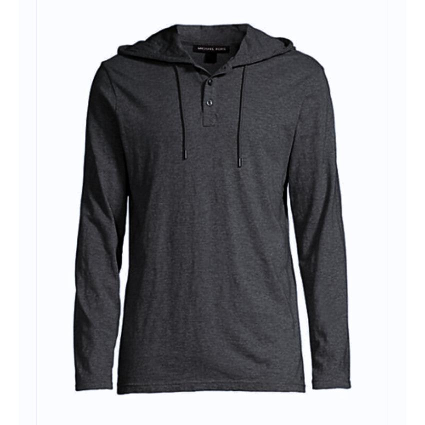 baju kaos pria lengan panjang polos bertopi memiliki tiga kancing model kupluk