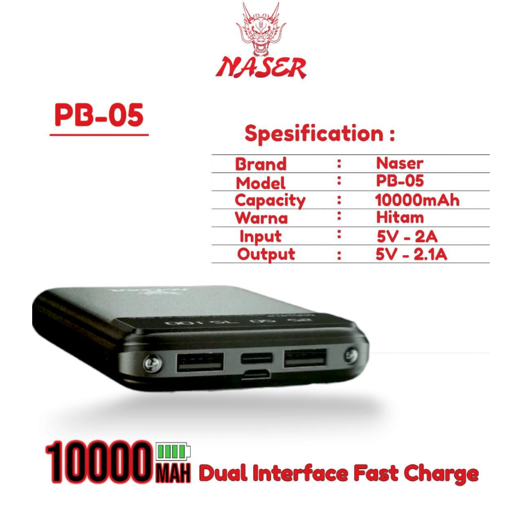 NASER POWERBANK 10.000MAH PB-05 / Powerbank Dual Usb Type C + Micro Safety Polymer Battery