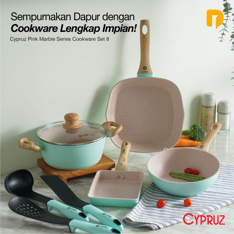 Panci Set Cypruz / Cypruz Pink Marble Series Cookware Set 8