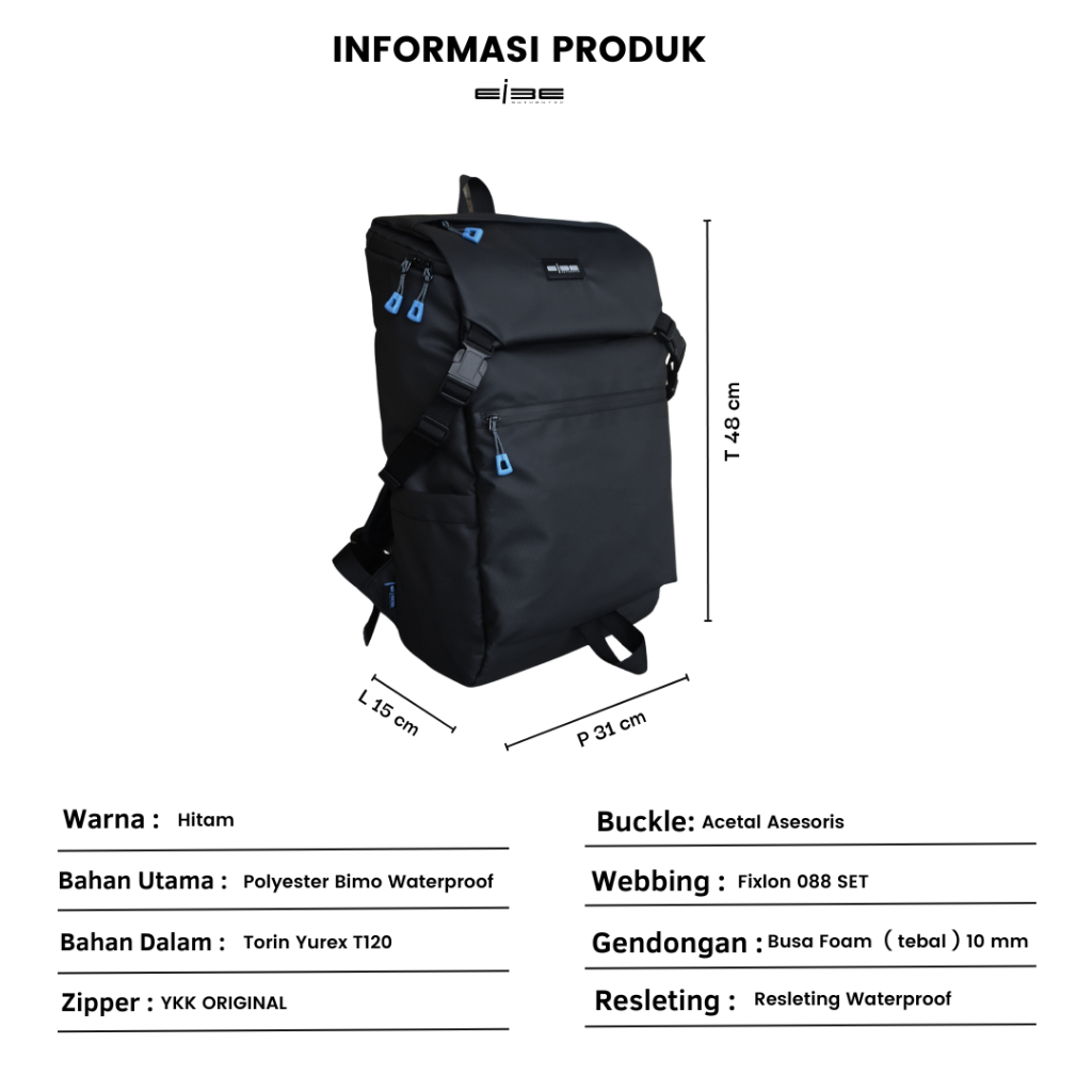 eibe backpack waterproof tas rangsel pria anti air warna hitam [ OXTAGON ]