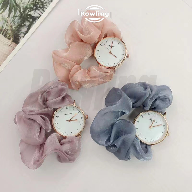 Rowling (Jam-95) Jam Tangan Wanita Geneva Model Ikat Rambut Jam Tangan Wanita Quartz dengan Strap Karet Renda Rambut Import