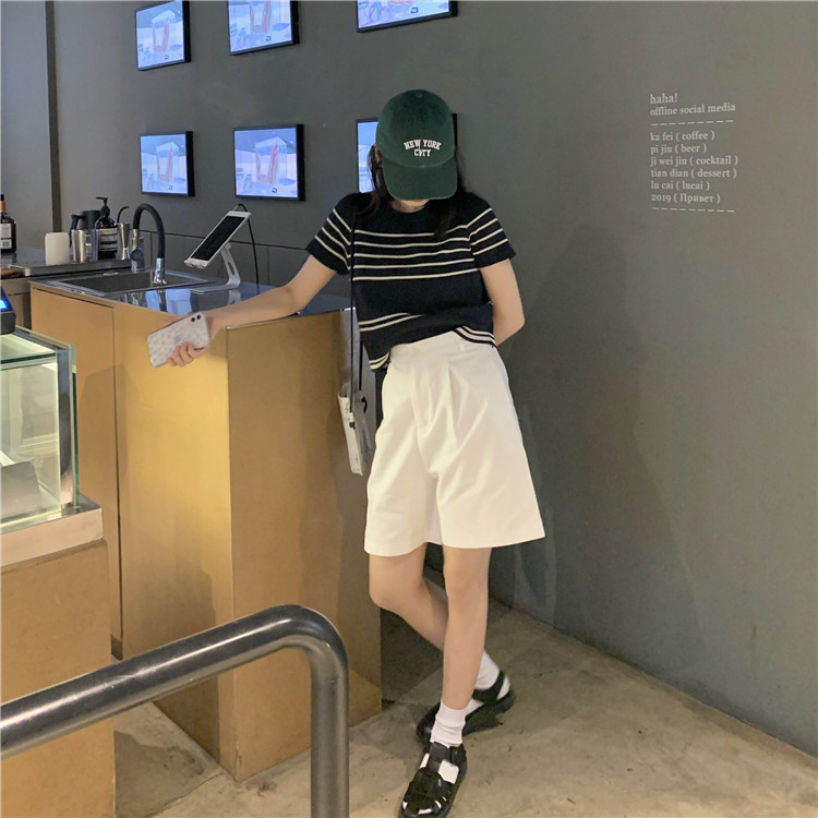 Korean Kaos Rajut Lengan Pendek Bergaris Untuk Wanita 2 Warna