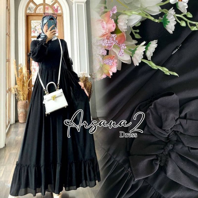 Alvana Dress Gamis Ceruty Babydoll Hitam Putih Polos Premium Malaysia Terbaru