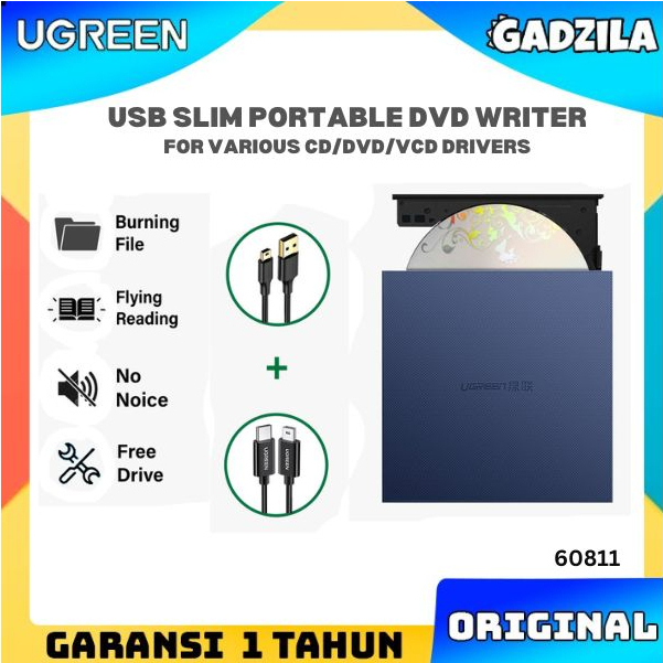 UGREEN External DVD Drive Slim Portable Optical Burner Rewriter CD ROM USB Drive PC Komputer Laptop 60811