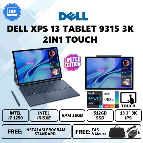 Laptop Dell xps 13 tablet 9315 3k intel i7 1250 ram 16gb ssd 512gb 13&quot;