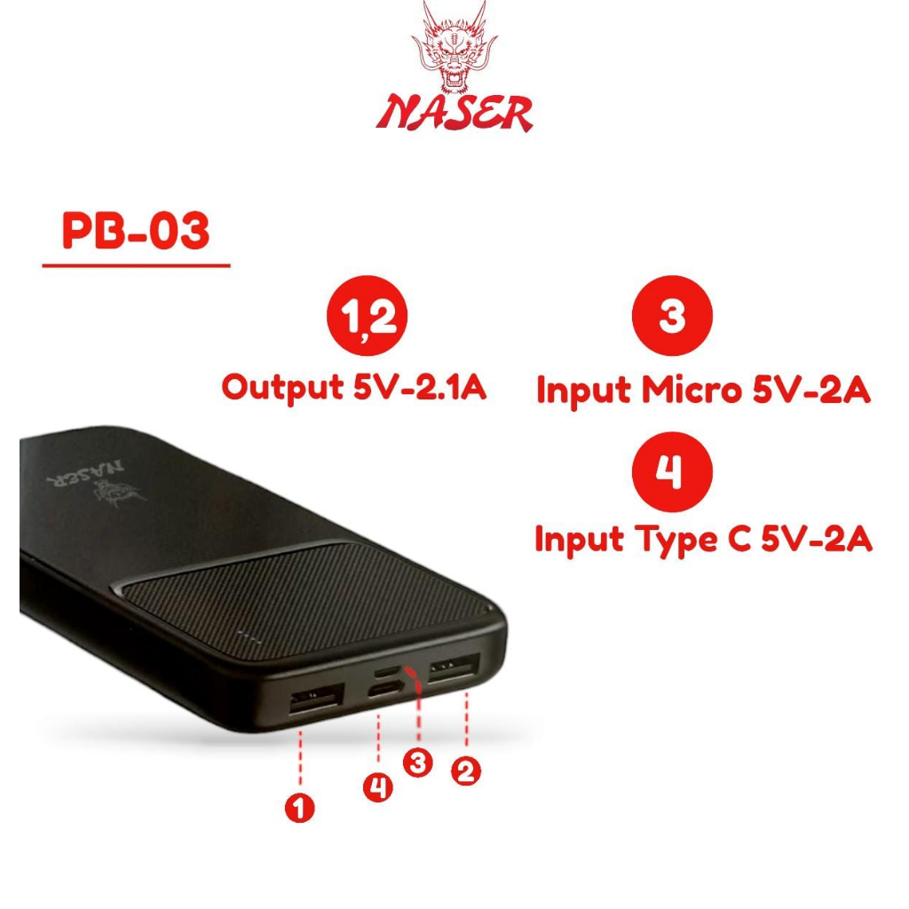 NASER POWERBANK 10.000MAH PB-03 / Powerbank Dual Usb Type C + Micro Safety Polymer Battery