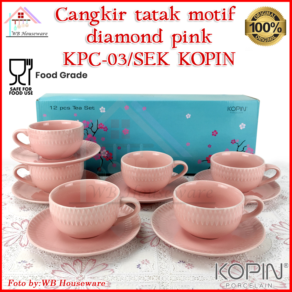 KOPIN cangkir set 6 pasang pastel pink keramik / coffee tea set cup and saucer motif diamond mouve K