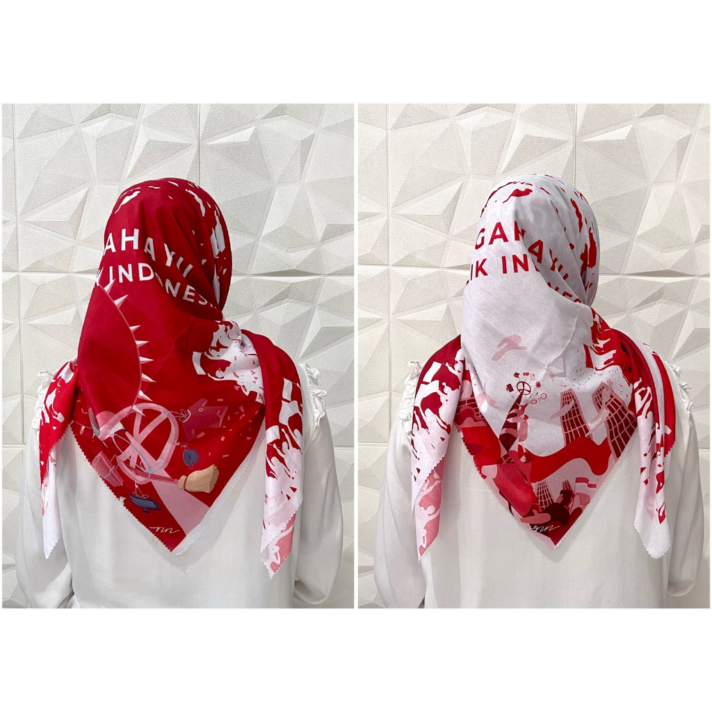 HIJAB SEGIEMPAT MOTIF BUNGA PITA MERAH PUTIH