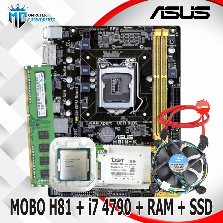 Paket Mainboard H81 LGA1150 Asus + CORE i7 4790 + RAM + SSD + FAN