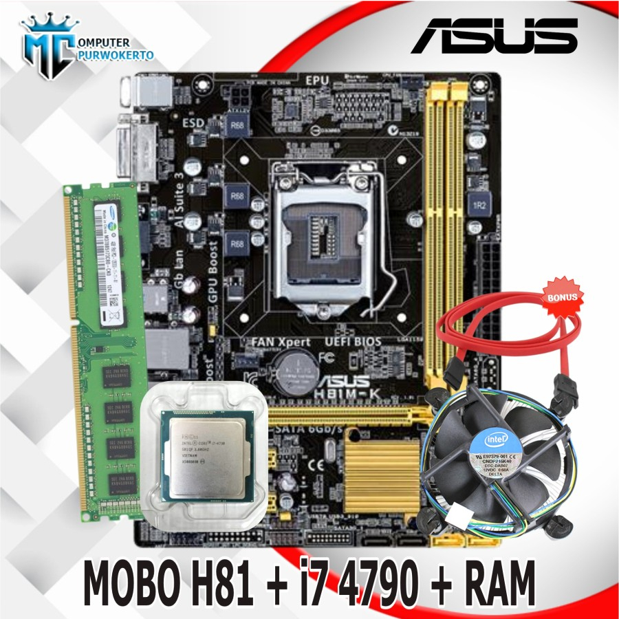 Paket Mainboard H81 LGA1150 Asus + CORE i7 4790 + RAM + SSD + FAN