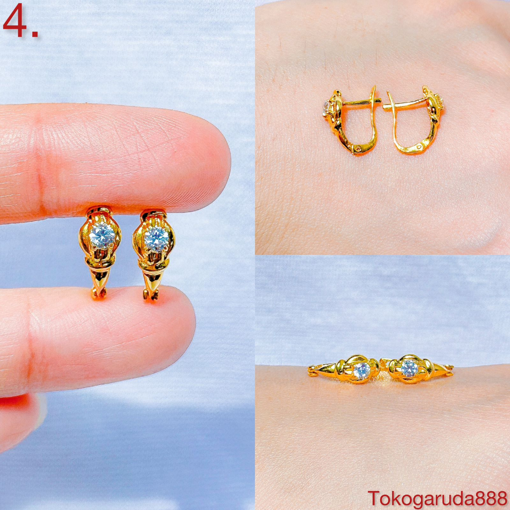 Anting jepit anak dan dewasa emas asli kadar 70 16k lokal solitaire love cetek permata terbaru kerabu giwang clip klip