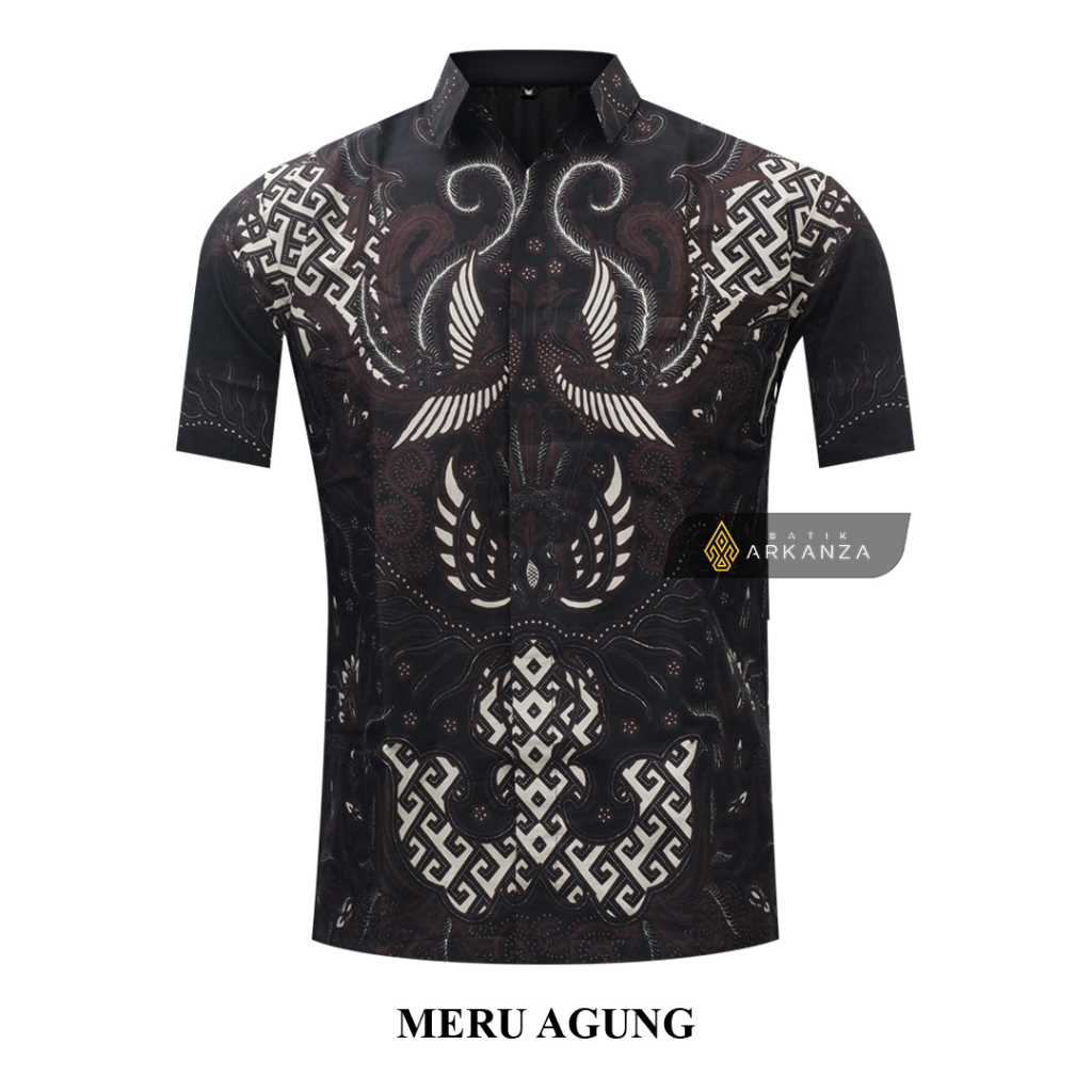BATIK ARKANZA Motif MERU AGUNG Hem Atasan Kemeja Baju Batik Pria Cowok Laki Laki Slimfit Full Lapis Furing Lengan Panjang Lengan Pendek Original Asli