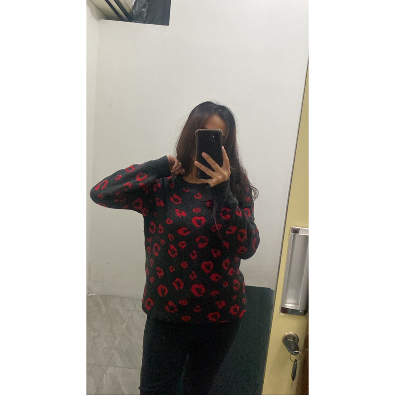 (Nett) Preloved Sweater Rajut / Knit Sweater / Dark Grey Sweater / Sweater Abut Tua Motif / Sweater 