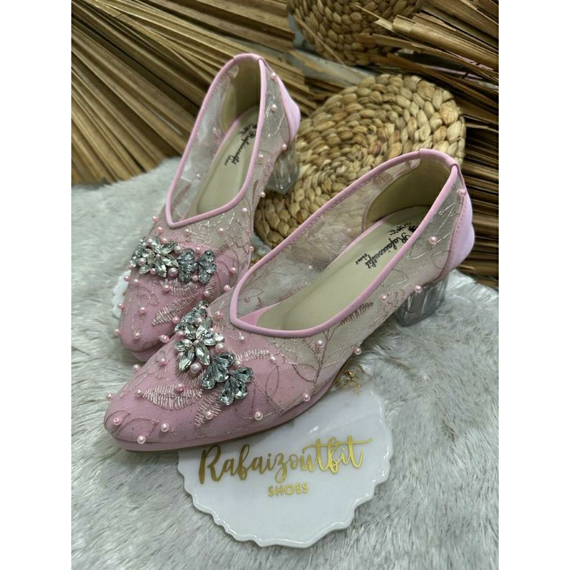 Sepatu wedding Pesta Mingka pink 5cm kaca