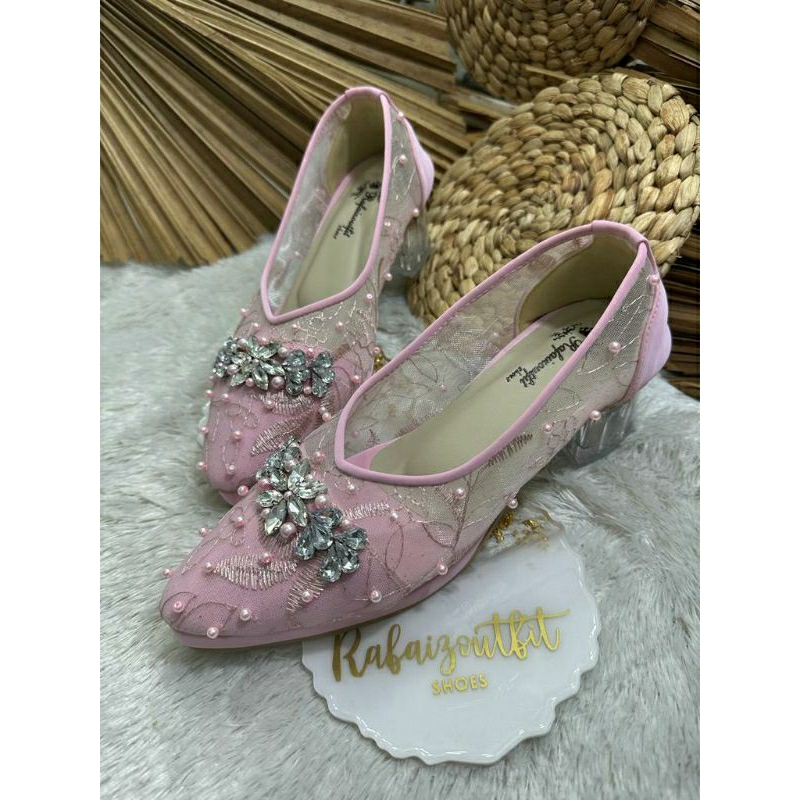 Sepatu wedding Pesta Mingka pink 5cm kaca