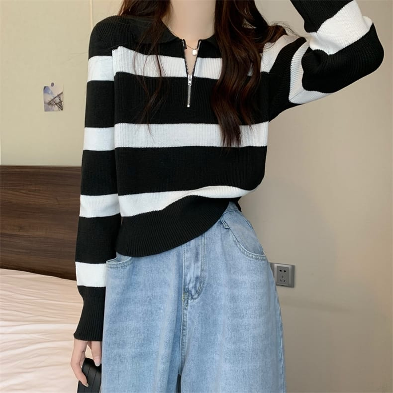 BEARYJEANS Sweater Strip Atasan Lengan Panjang Rajut Wanita Crop Top Kerah Zipper Premium Import Korean Style - BJ089