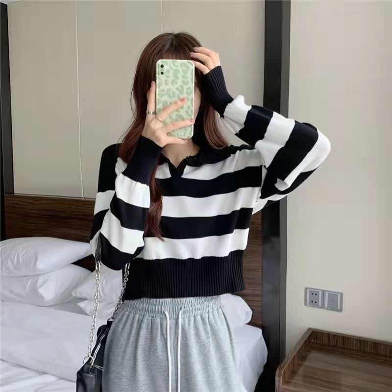 BEARYJEANS Blaster Sweater Atasan Rajut Wanita Crop Top Korea Striped Loose Pullovers Premium Import Korean Style - BJ087