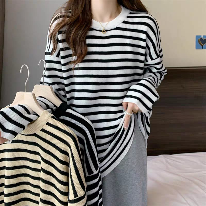 BEARYJEANS Striped Loose Knitted Sweater Casual Sweater Lengan Panjang Rajut Bergaris Style Korea Import Premium - BJ090