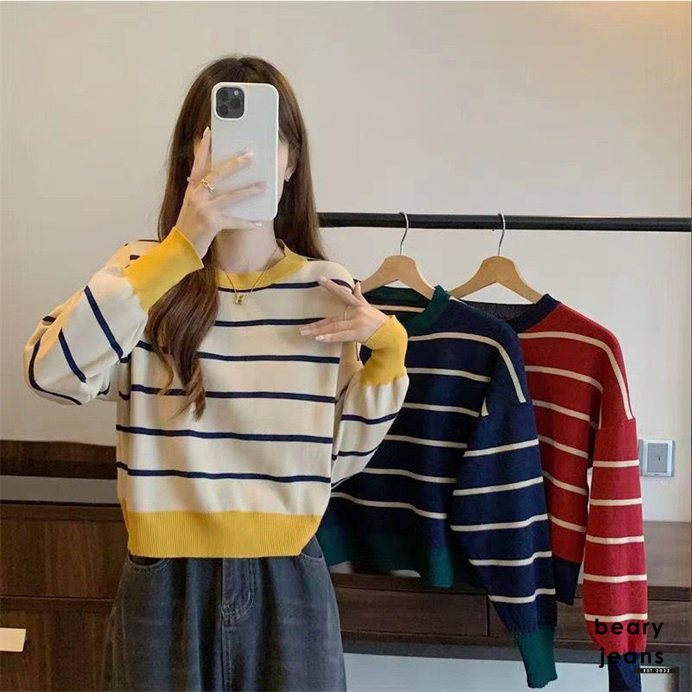 BEARYJEANS Sweater Atasan Rajut Wanita Lengan Panjang Crop Top Korea Striped Premium Import Korean Style - BJ088