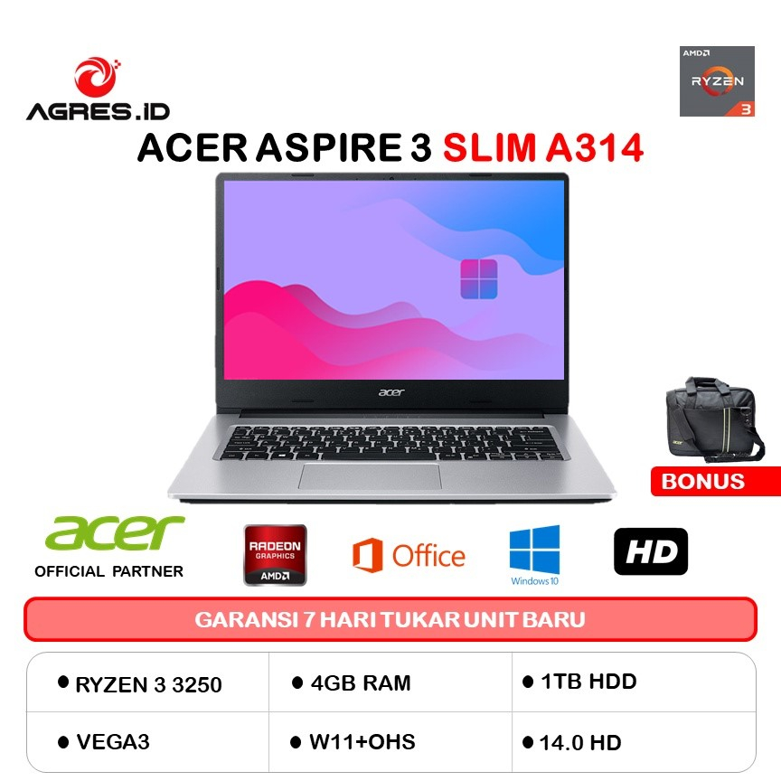 ACER ASPIRE 3 SLIM A314 RYZEN 3 3250 4GB 1TB VEGA3 W11+OHS21 14.0 BLK -22.R1GA