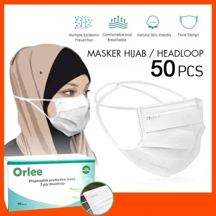 Masker Hijab Headloop ORLEE 3 ply / Surgical Disposable Mask / Kemenkes Putih Biru Pink Hitam Hijau 
